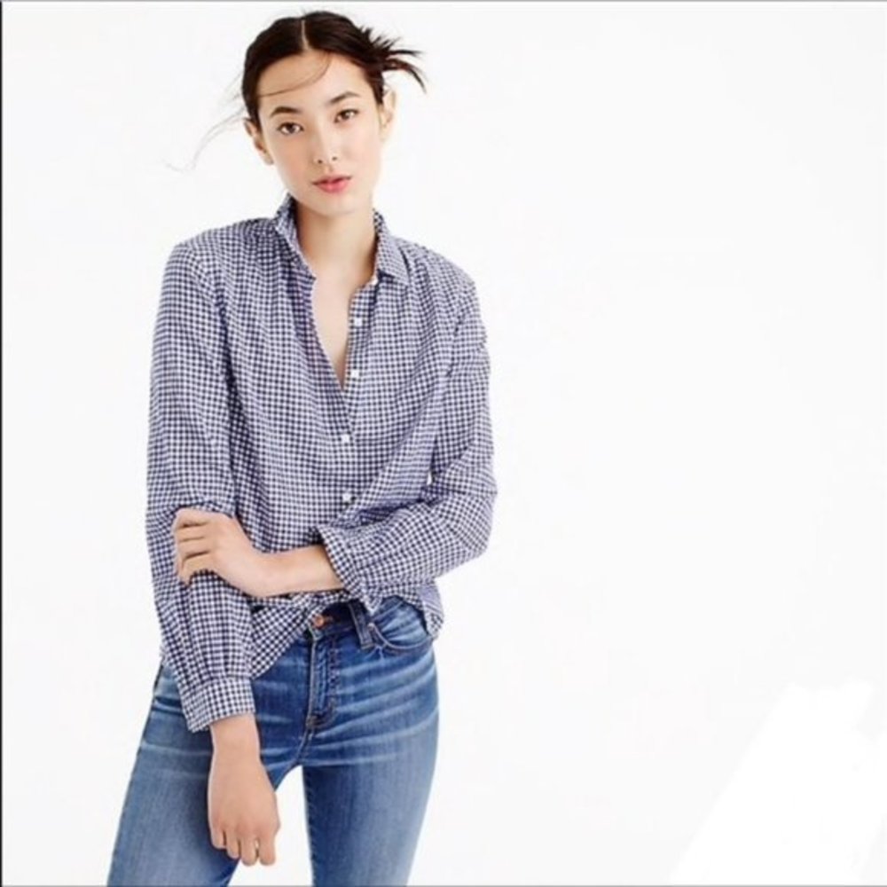 J. Crew Gathered Gingham Popover Shirt Blue 4